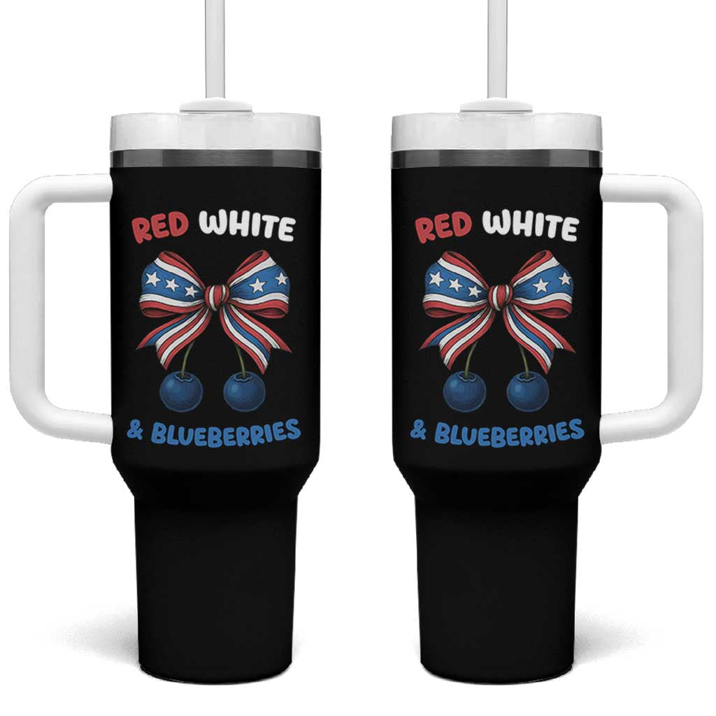 Red White and Blueberries Tumbler With Handle Retro Coquette Bow Vintage American Flag - Wonder Print Shop