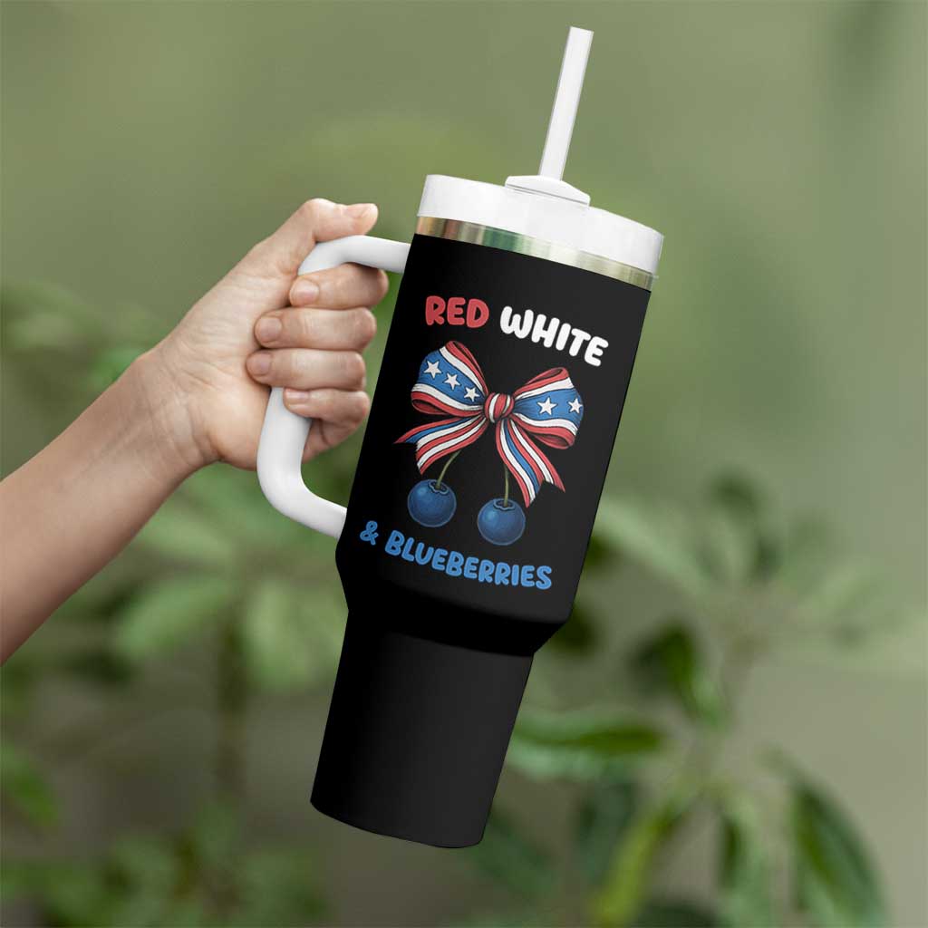 Red White and Blueberries Tumbler With Handle Retro Coquette Bow Vintage American Flag - Wonder Print Shop