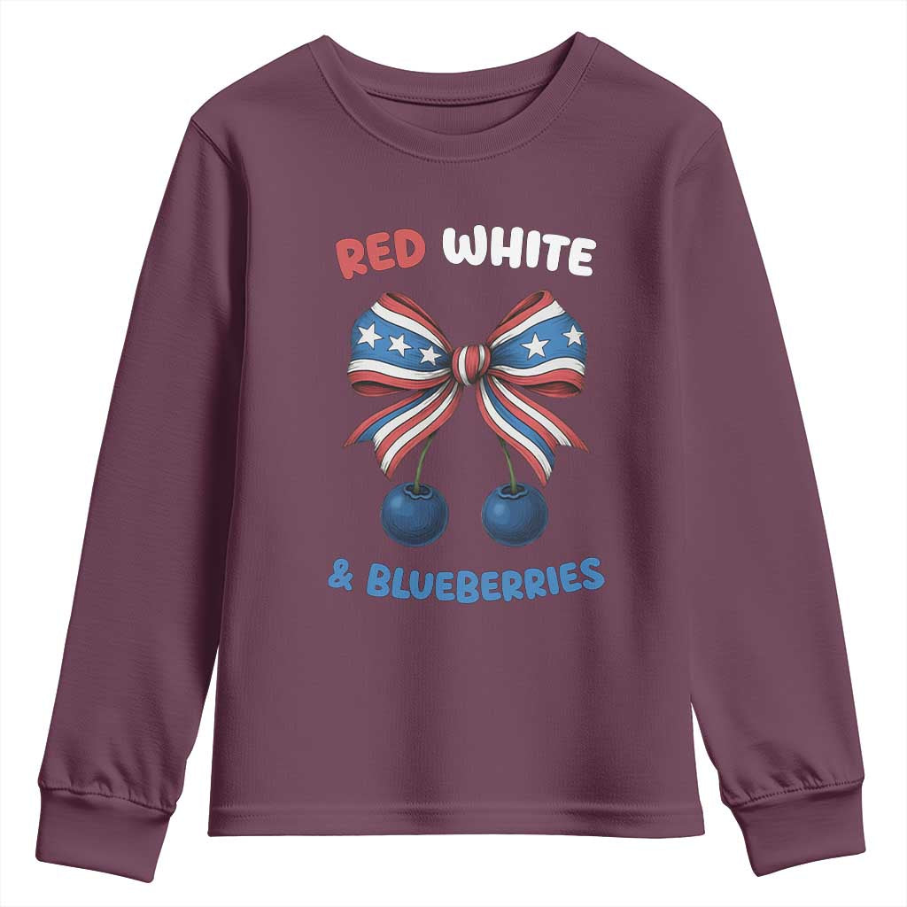 Red White and Blueberries Youth Sweatshirt Retro Coquette Bow Vintage American Flag - Wonder Print Shop