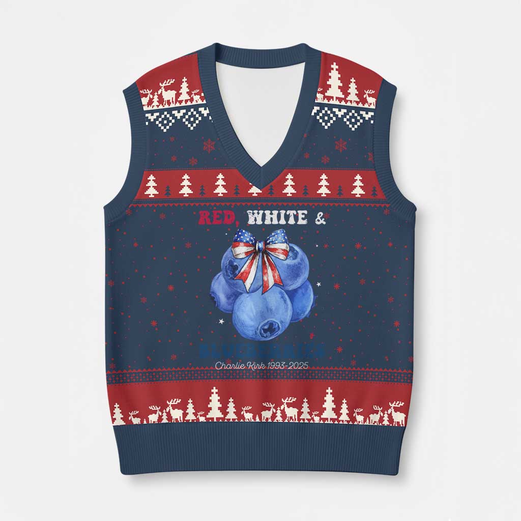 Red White and Blueberries V-Neck Knit Sweater Vest Charlie Kirk Tribute 1993 2025 Memorial - Wonder Print Shop