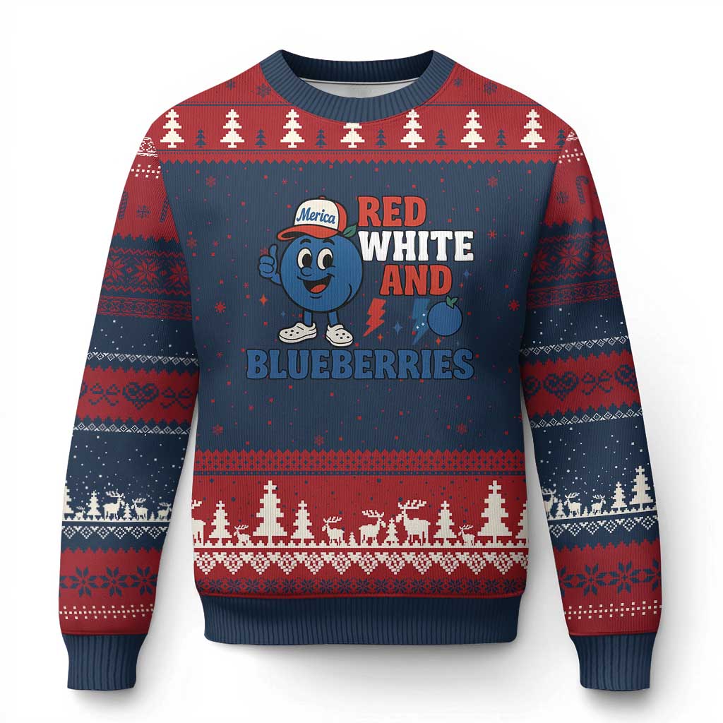 Red White and Blueberries Ugly Christmas Sweater Patriotic Fruit Cartoon Graphic - Wonder Print Shop