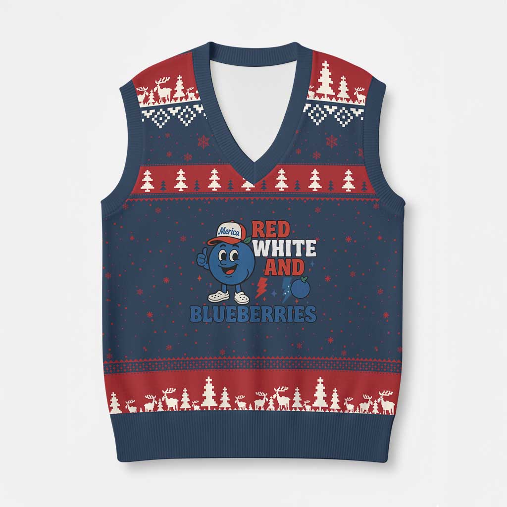 Red White and Blueberries V-Neck Knit Sweater Vest Patriotic Fruit Cartoon Graphic - Wonder Print Shop