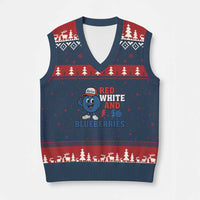 Red White and Blueberries V-Neck Knit Sweater Vest Patriotic Fruit Cartoon Graphic - Wonder Print Shop