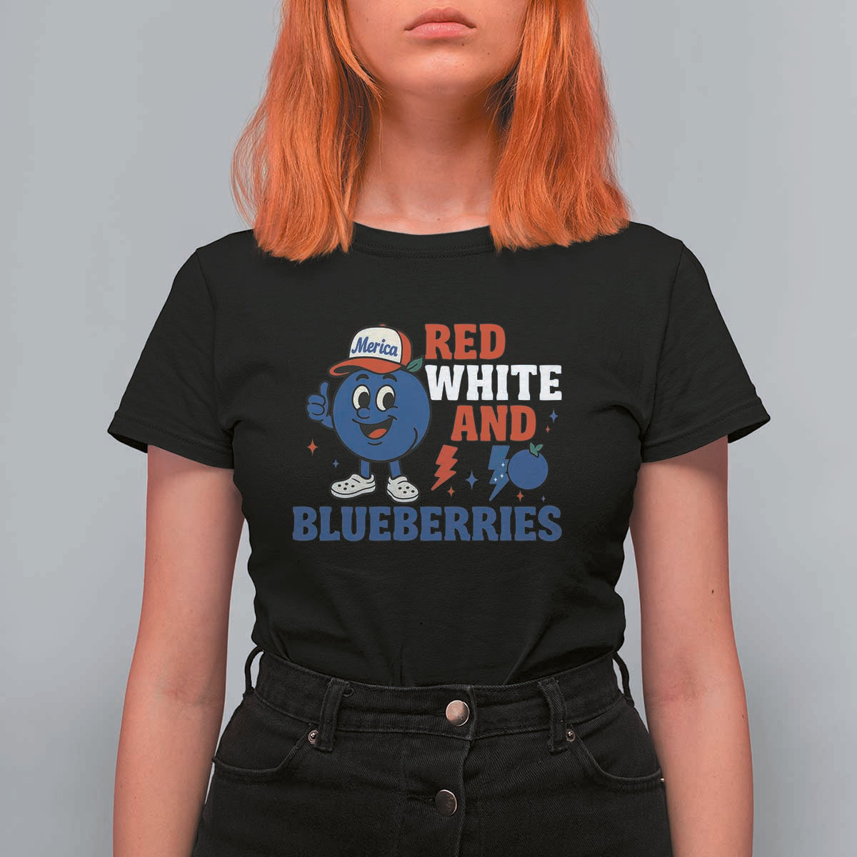 Red White and Blueberries T Shirt For Women Patriotic Fruit Cartoon Graphic - Wonder Print Shop