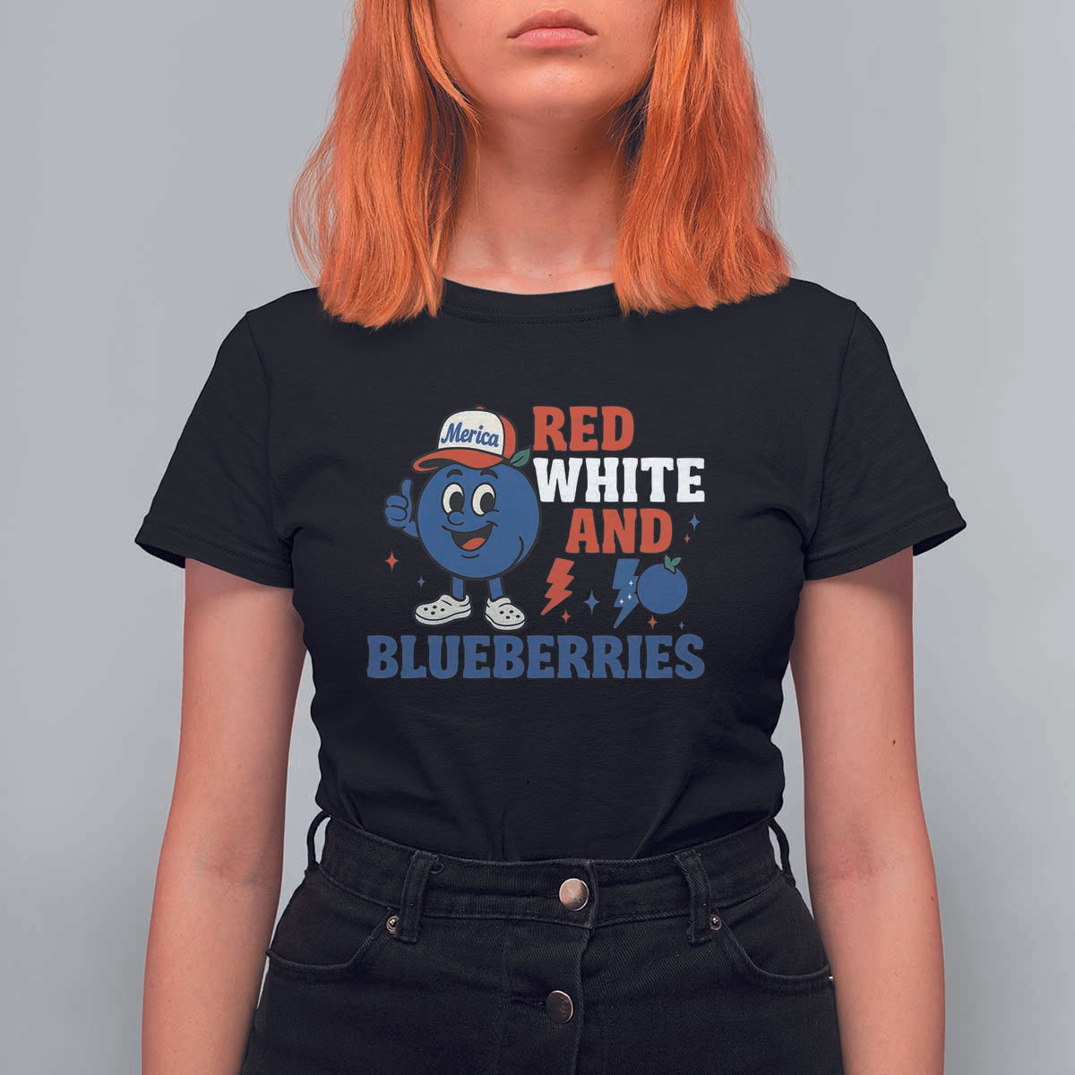 Red White and Blueberries T Shirt For Women Patriotic Fruit Cartoon Graphic - Wonder Print Shop