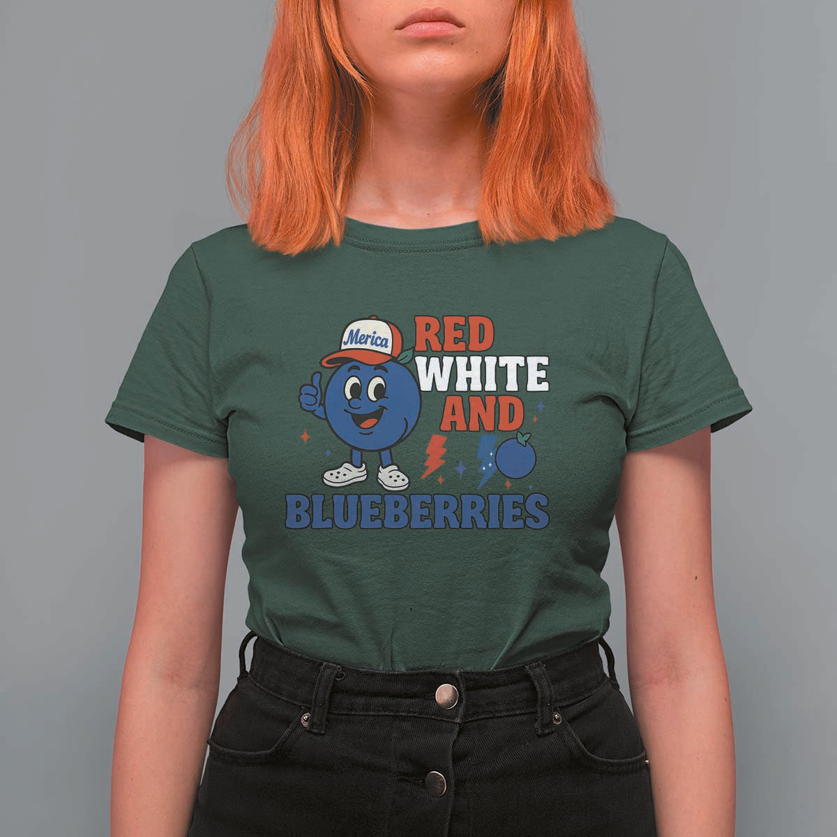 Red White and Blueberries T Shirt For Women Patriotic Fruit Cartoon Graphic - Wonder Print Shop