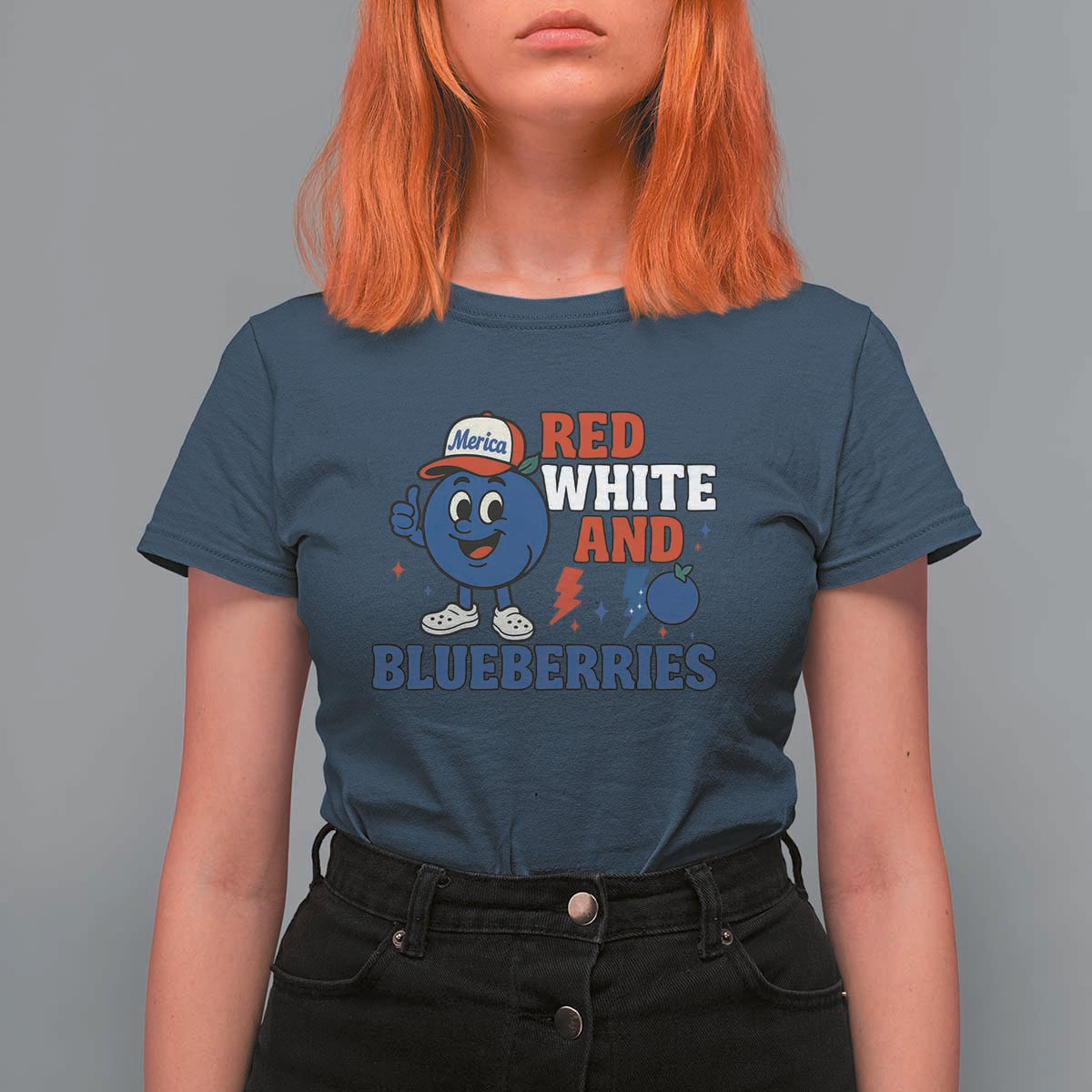 Red White and Blueberries T Shirt For Women Patriotic Fruit Cartoon Graphic - Wonder Print Shop