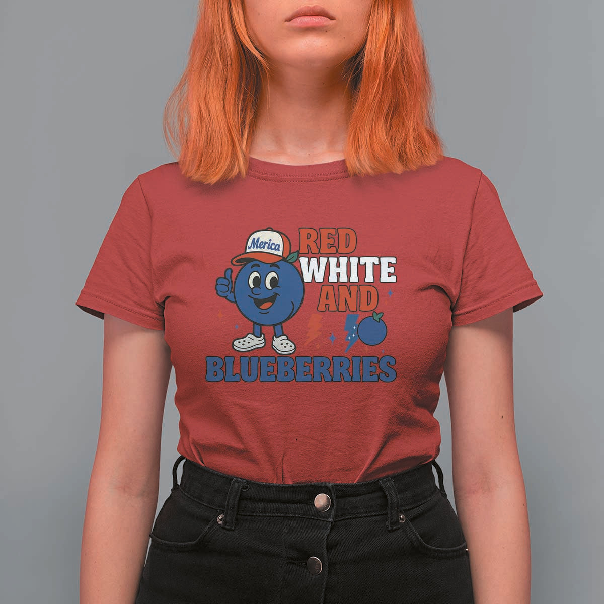 Red White and Blueberries T Shirt For Women Patriotic Fruit Cartoon Graphic - Wonder Print Shop