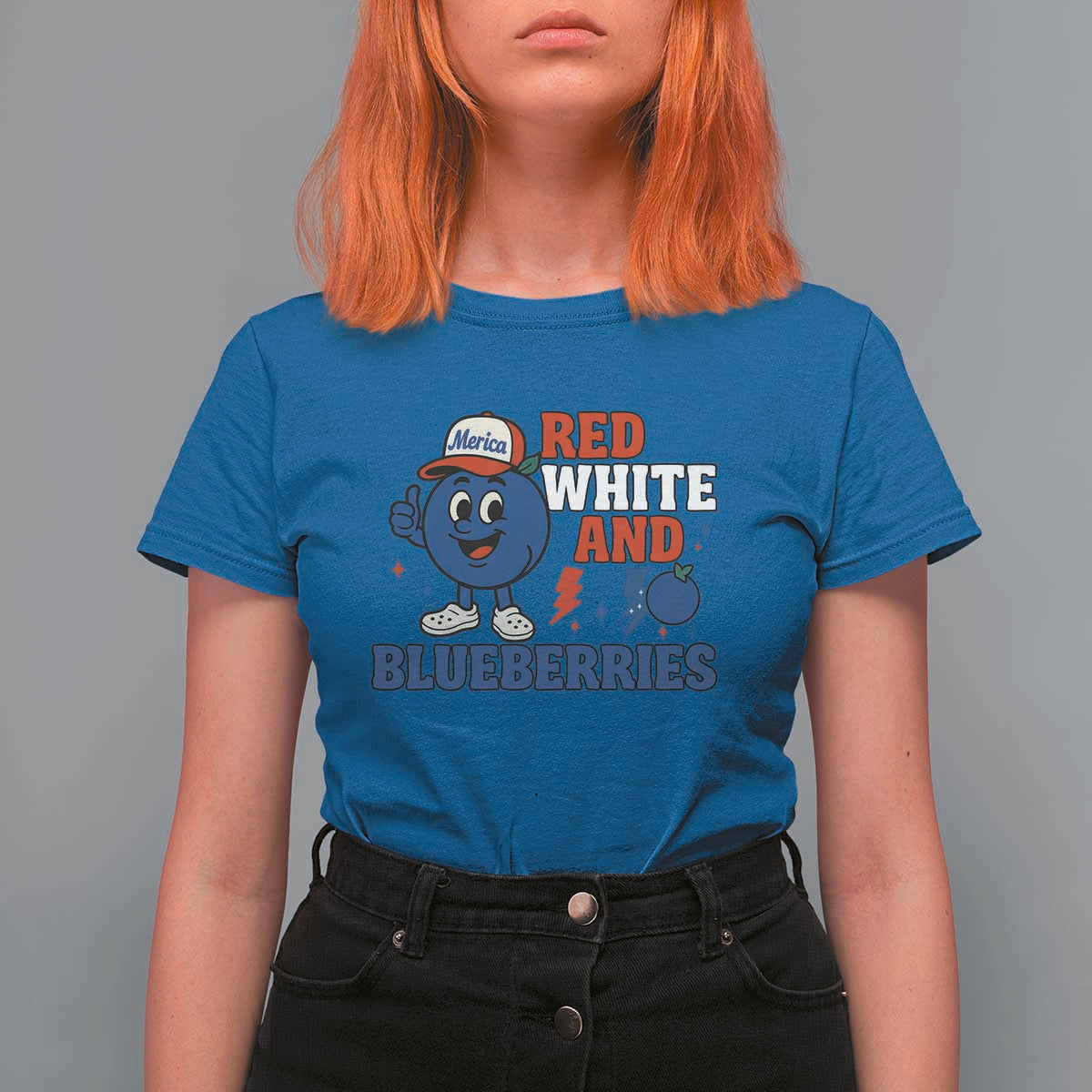 Red White and Blueberries T Shirt For Women Patriotic Fruit Cartoon Graphic - Wonder Print Shop