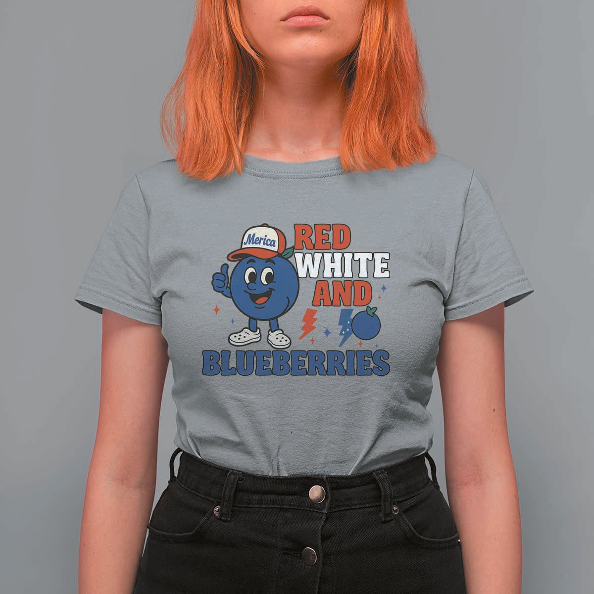 Red White and Blueberries T Shirt For Women Patriotic Fruit Cartoon Graphic - Wonder Print Shop