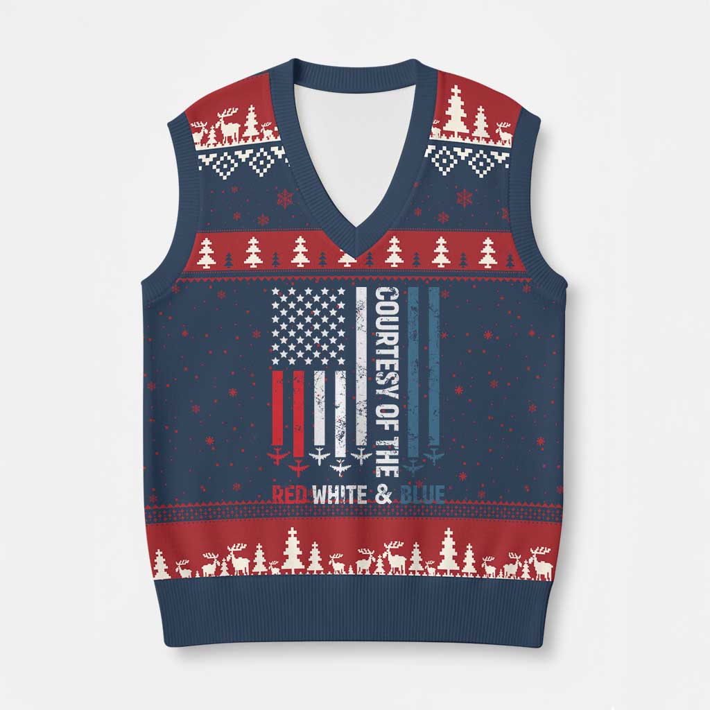 Courtesy of the Red White and Blue V-Neck Knit Sweater Vest US Military Patriotic American Flag - Wonder Print Shop