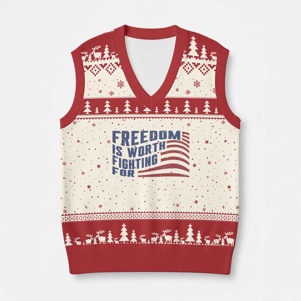 Freedom Is Worth Fighting For V-Neck Knit Sweater Vest USA Flag America True Patriot - Wonder Print Shop