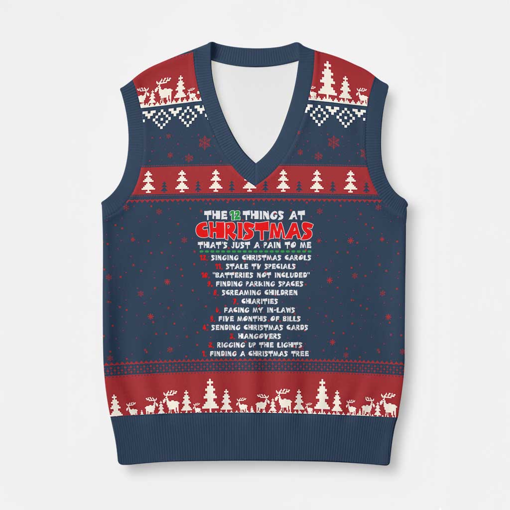 12 Pains of Xmas Parody V-Neck Knit Sweater Vest Funny Twist on the 12 Days of Xmas Tradition - Wonder Print Shop