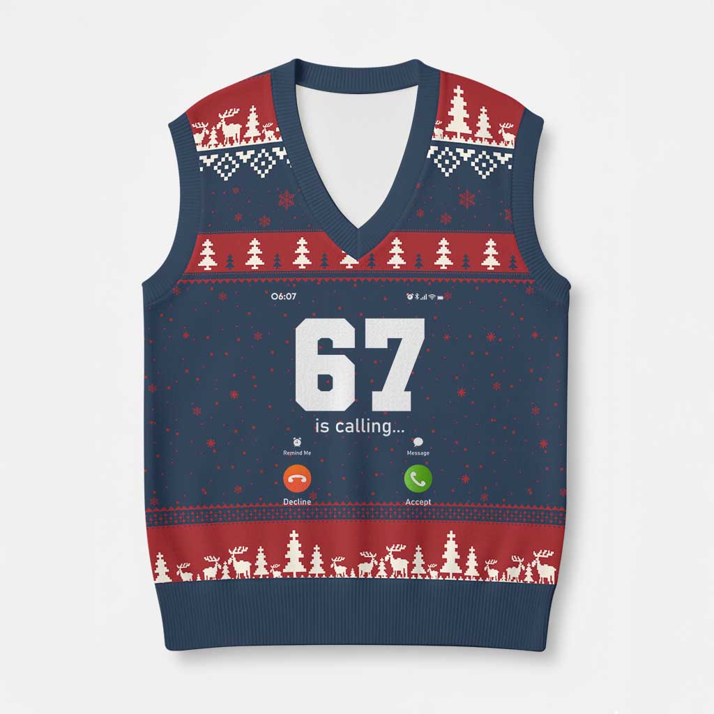 67 Is Calling Meme V-Neck Knit Sweater Vest Funny Six Seven Phone Call Screen - Wonder Print Shop