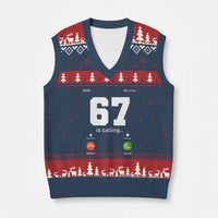 67 Is Calling Meme V-Neck Knit Sweater Vest Funny Six Seven Phone Call Screen - Wonder Print Shop
