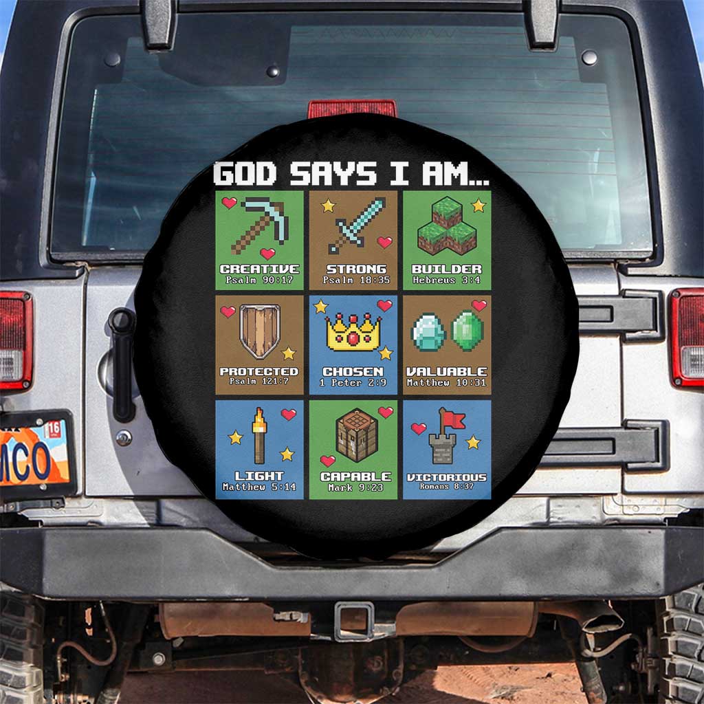 God Says I Am Pixel Art Graphic Spare Tire Cover Christian Affirmation Gamer Bible Verses - Wonder Print Shop