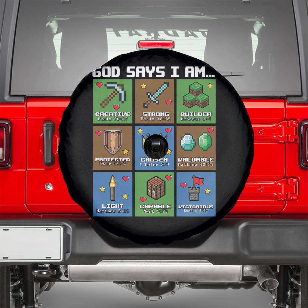 God Says I Am Pixel Art Graphic Spare Tire Cover Christian Affirmation Gamer Bible Verses - Wonder Print Shop