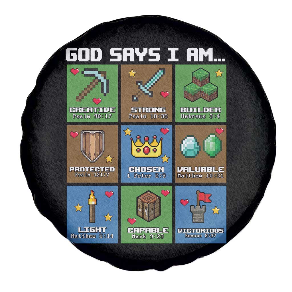 God Says I Am Pixel Art Graphic Spare Tire Cover Christian Affirmation Gamer Bible Verses - Wonder Print Shop