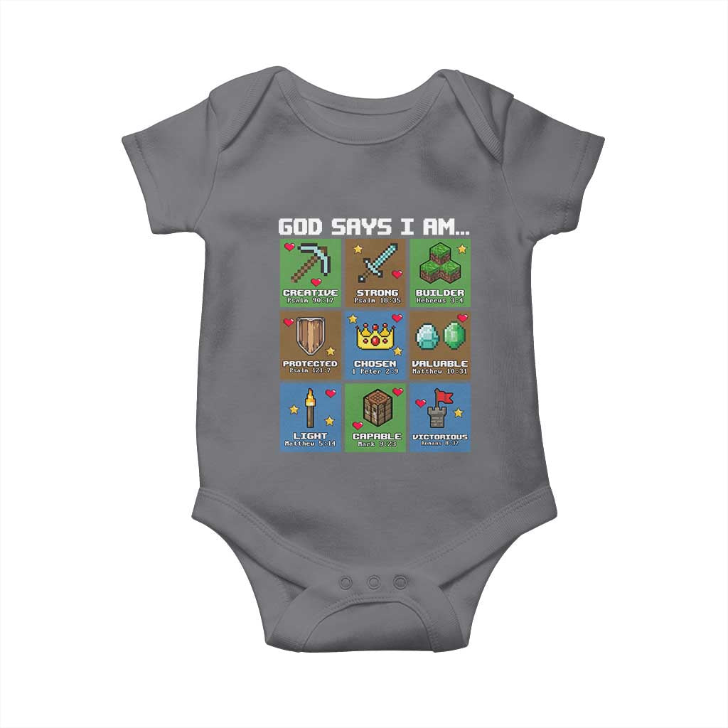 God Says I Am Pixel Art Graphic Baby Onesie Christian Affirmation Gamer Bible Verses - Wonder Print Shop