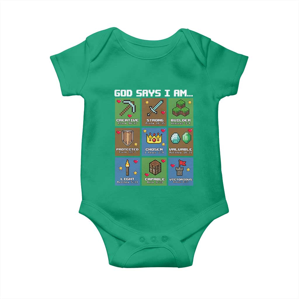 God Says I Am Pixel Art Graphic Baby Onesie Christian Affirmation Gamer Bible Verses - Wonder Print Shop