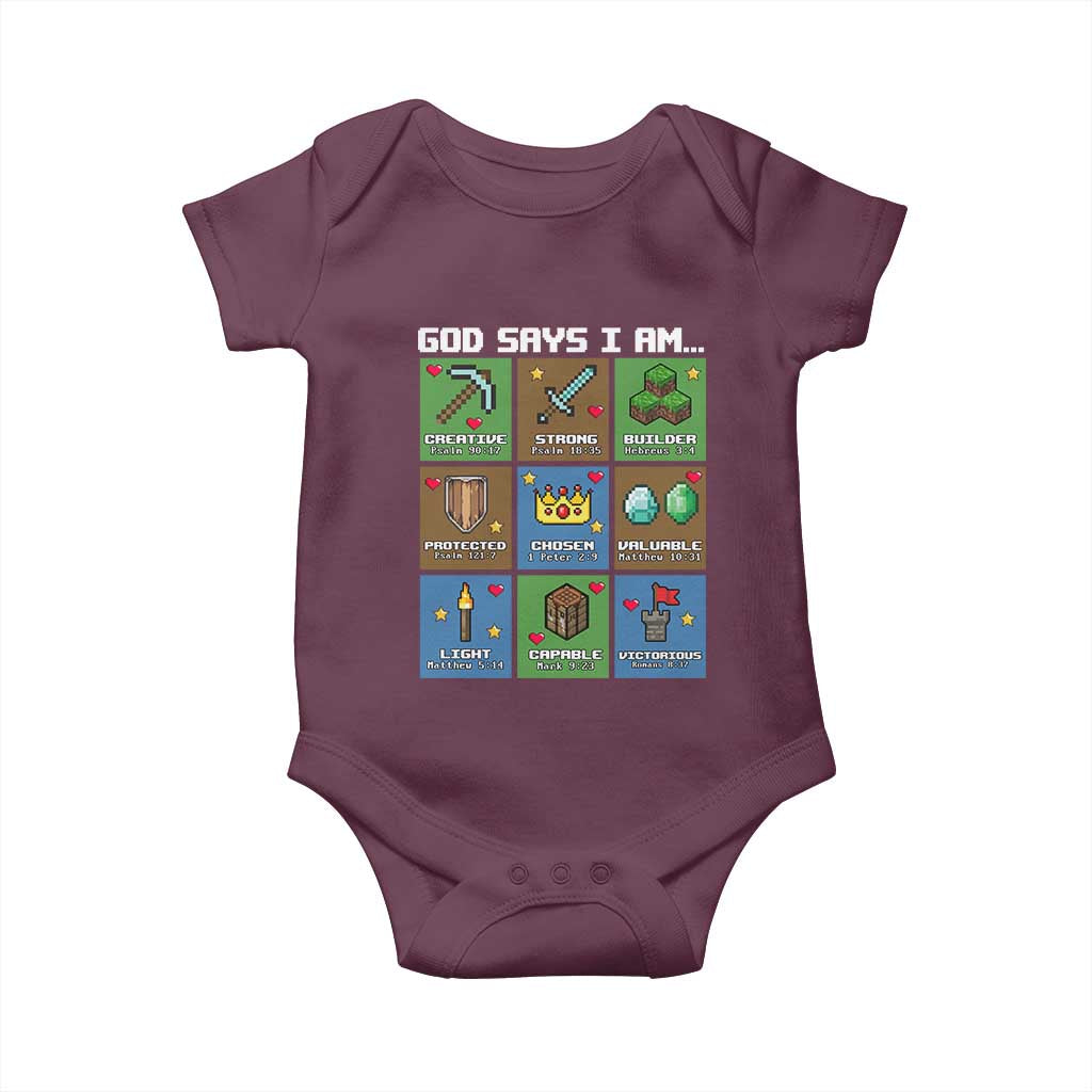 God Says I Am Pixel Art Graphic Baby Onesie Christian Affirmation Gamer Bible Verses - Wonder Print Shop
