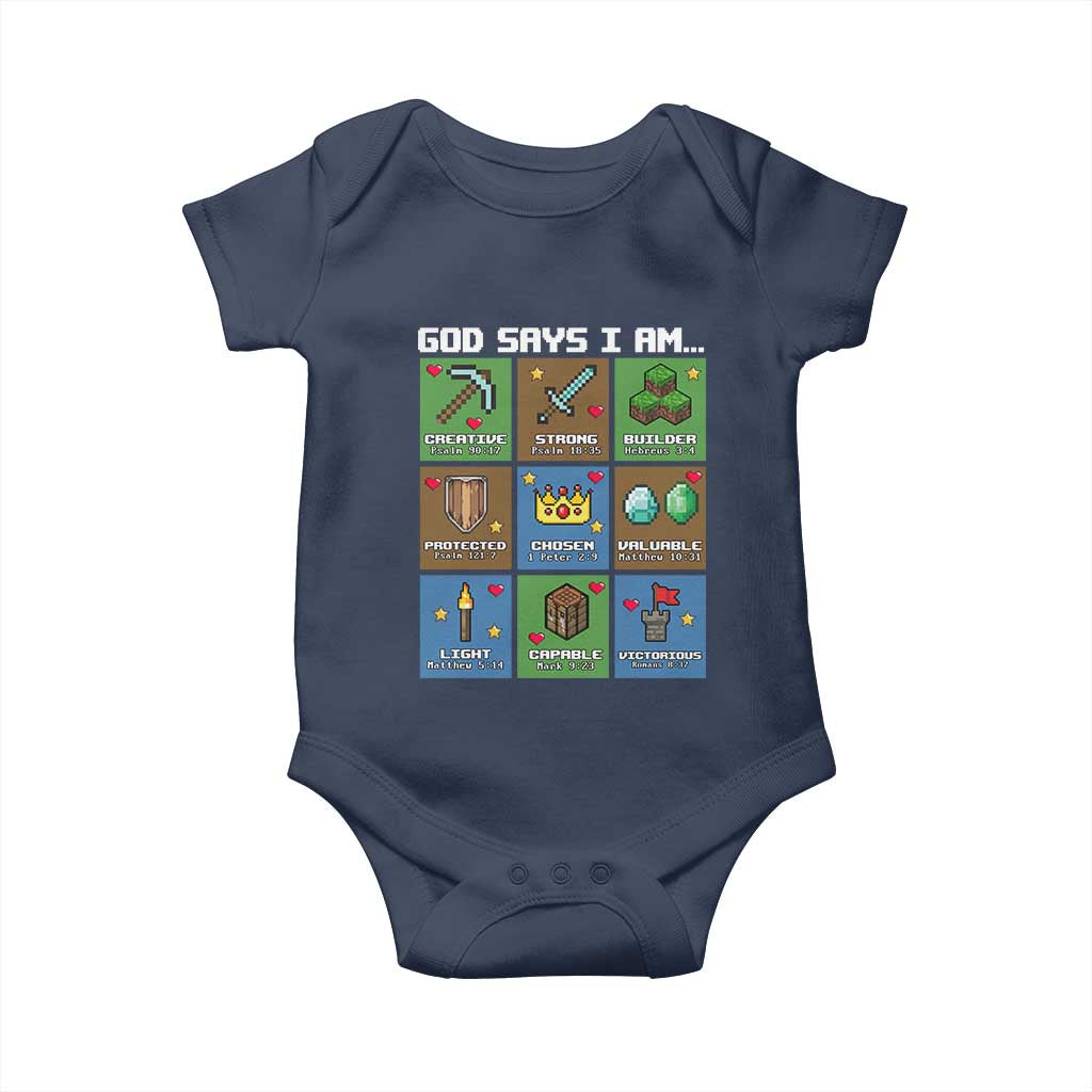 God Says I Am Pixel Art Graphic Baby Onesie Christian Affirmation Gamer Bible Verses - Wonder Print Shop