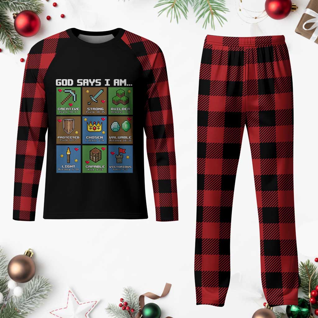 God Says I Am Pixel Art Graphic Plaid Pajama Set Christian Affirmation Gamer Bible Verses - Wonder Print Shop