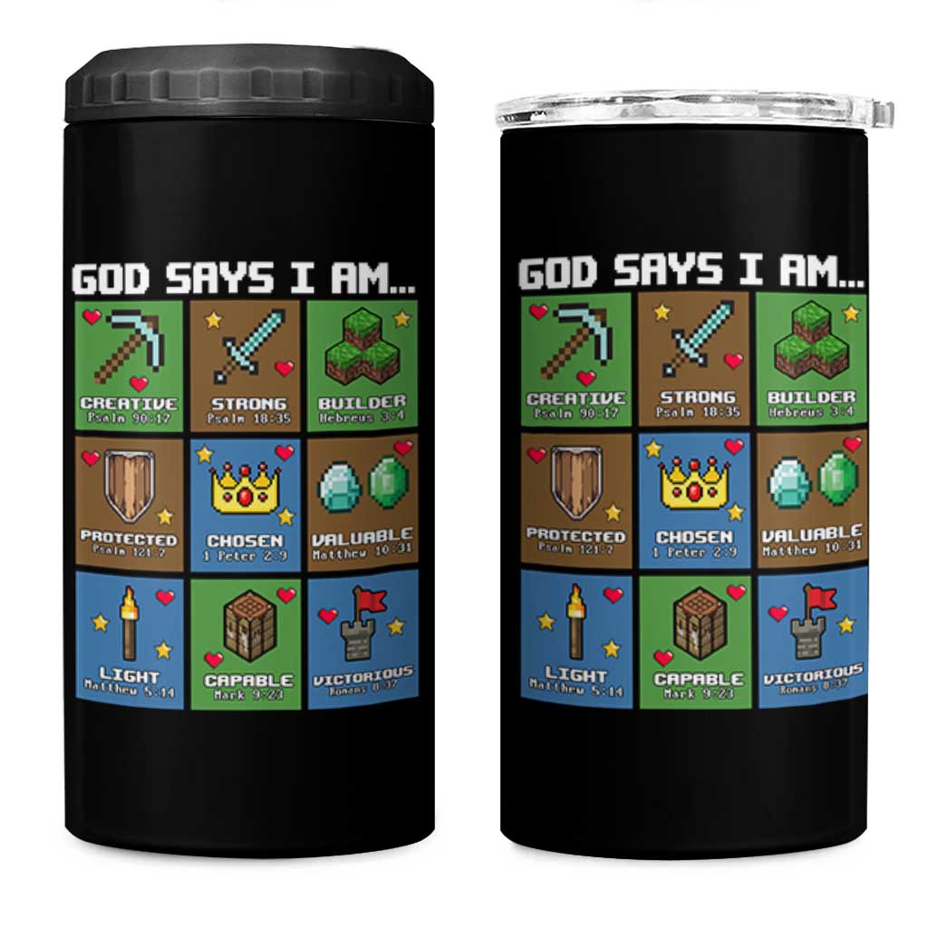 God Says I Am Pixel Art Graphic 4 in 1 Can Cooler Tumbler Christian Affirmation Gamer Bible Verses - Wonder Print Shop
