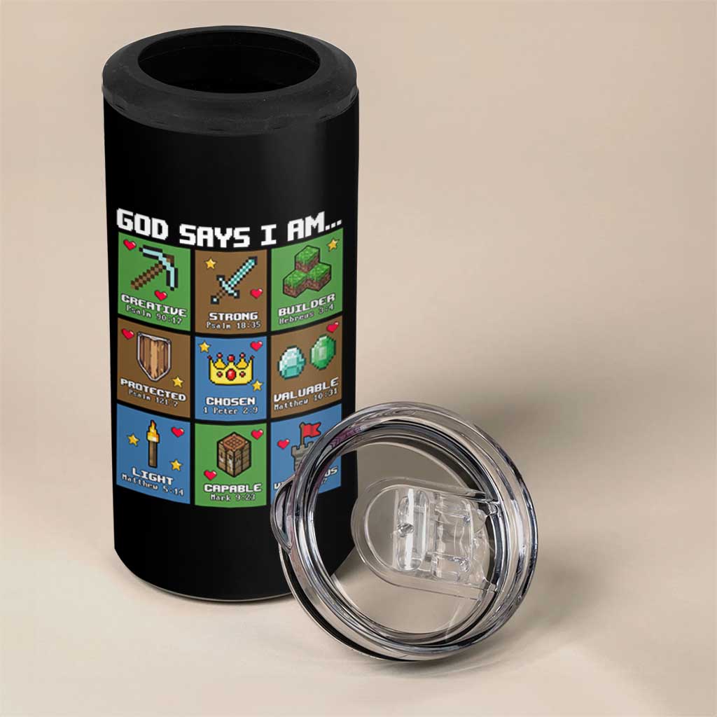 God Says I Am Pixel Art Graphic 4 in 1 Can Cooler Tumbler Christian Affirmation Gamer Bible Verses - Wonder Print Shop