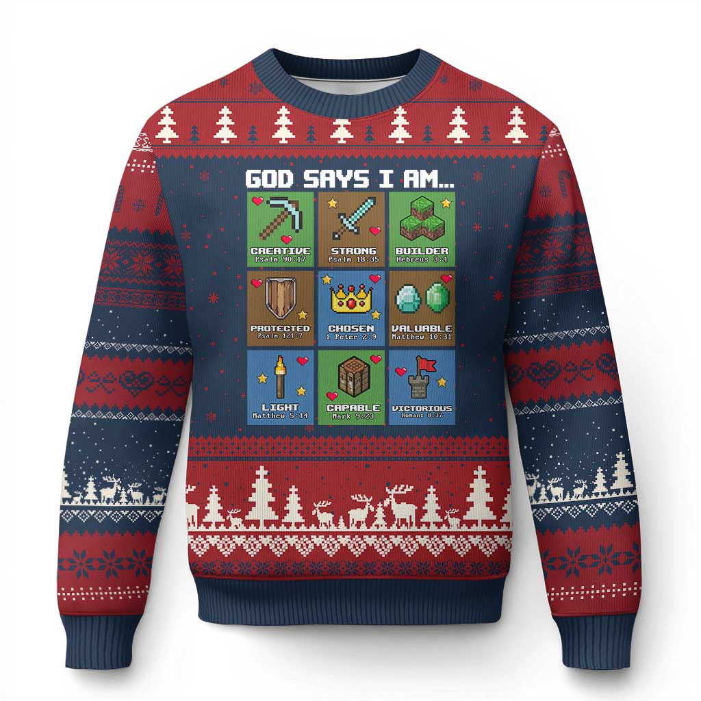 God Says I Am Pixel Art Graphic Ugly Christmas Sweater Christian Affirmation Gamer Bible Verses - Wonder Print Shop