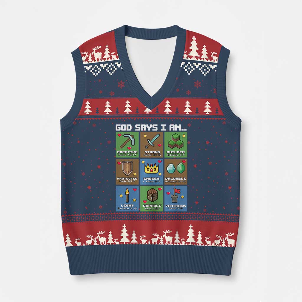 God Says I Am Pixel Art Graphic V-Neck Knit Sweater Vest Christian Affirmation Gamer Bible Verses - Wonder Print Shop