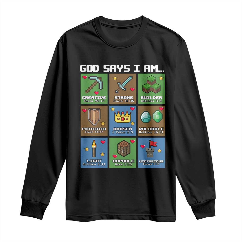 God Says I Am Pixel Art Graphic Long Sleeve Shirt Christian Affirmation Gamer Bible Verses - Wonder Print Shop