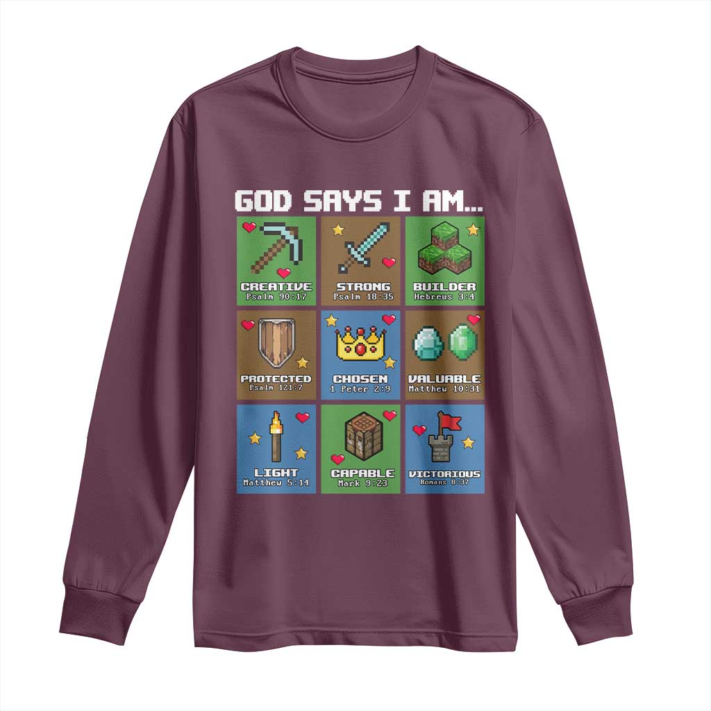 God Says I Am Pixel Art Graphic Long Sleeve Shirt Christian Affirmation Gamer Bible Verses - Wonder Print Shop