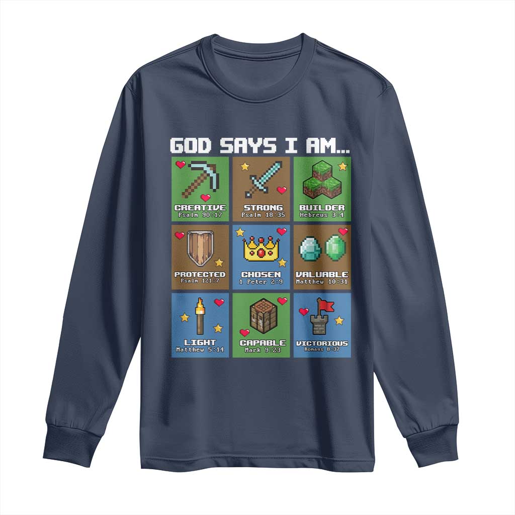 God Says I Am Pixel Art Graphic Long Sleeve Shirt Christian Affirmation Gamer Bible Verses - Wonder Print Shop