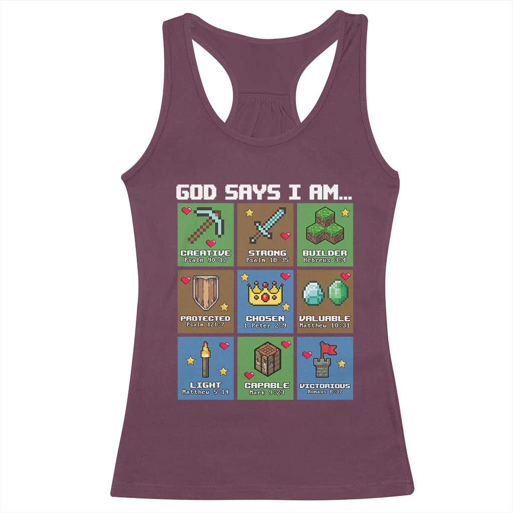 God Says I Am Pixel Art Graphic Racerback Tank Top Christian Affirmation Gamer Bible Verses - Wonder Print Shop