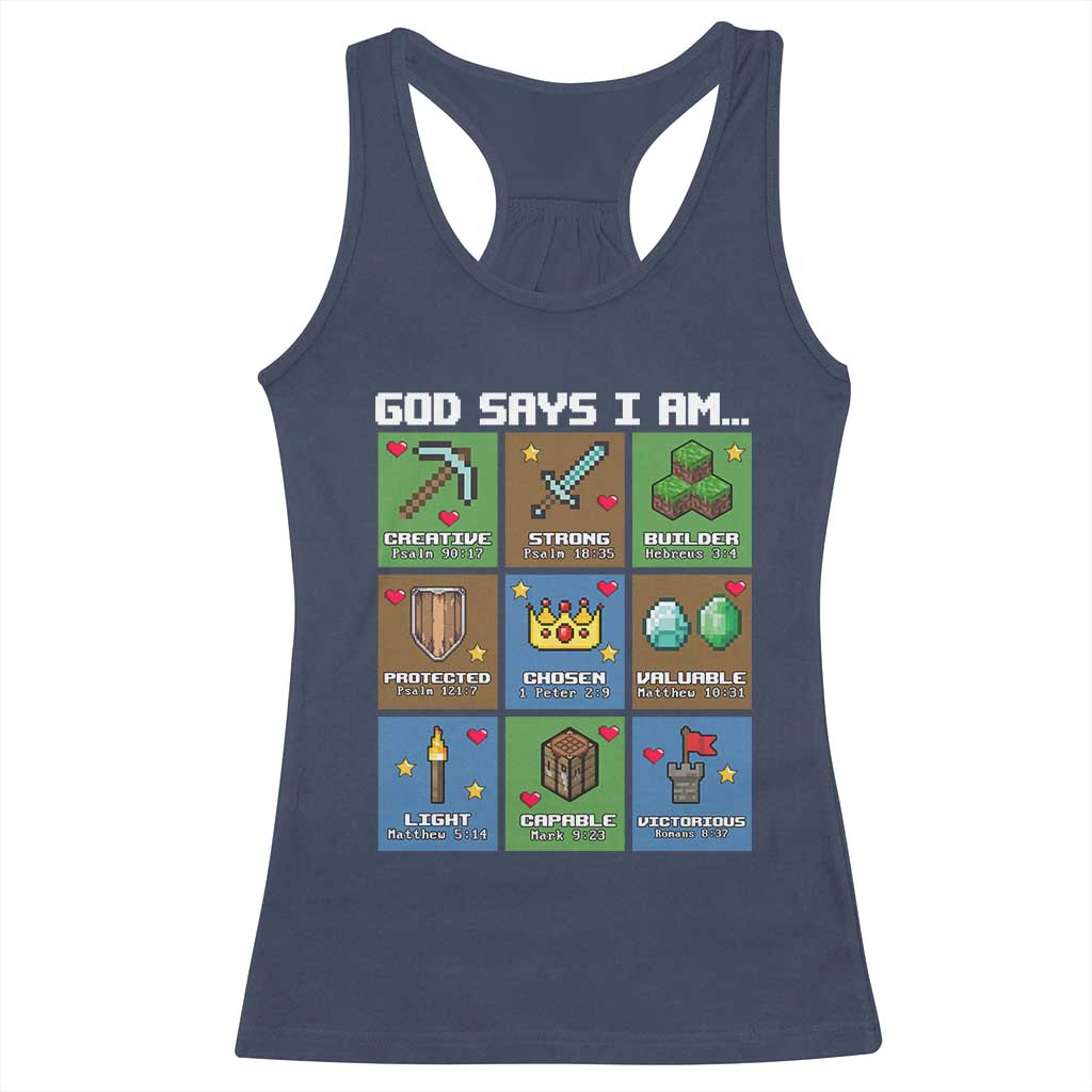 God Says I Am Pixel Art Graphic Racerback Tank Top Christian Affirmation Gamer Bible Verses - Wonder Print Shop