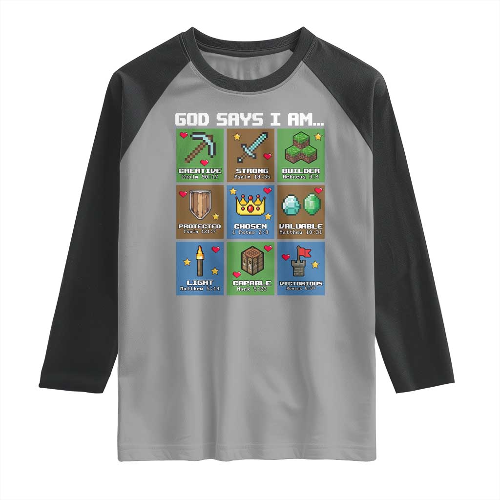 God Says I Am Pixel Art Graphic Raglan Shirt Christian Affirmation Gamer Bible Verses - Wonder Print Shop