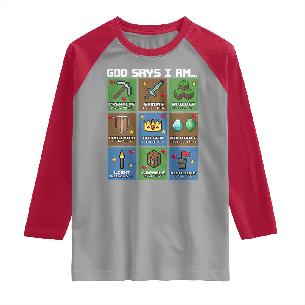 God Says I Am Pixel Art Graphic Raglan Shirt Christian Affirmation Gamer Bible Verses - Wonder Print Shop