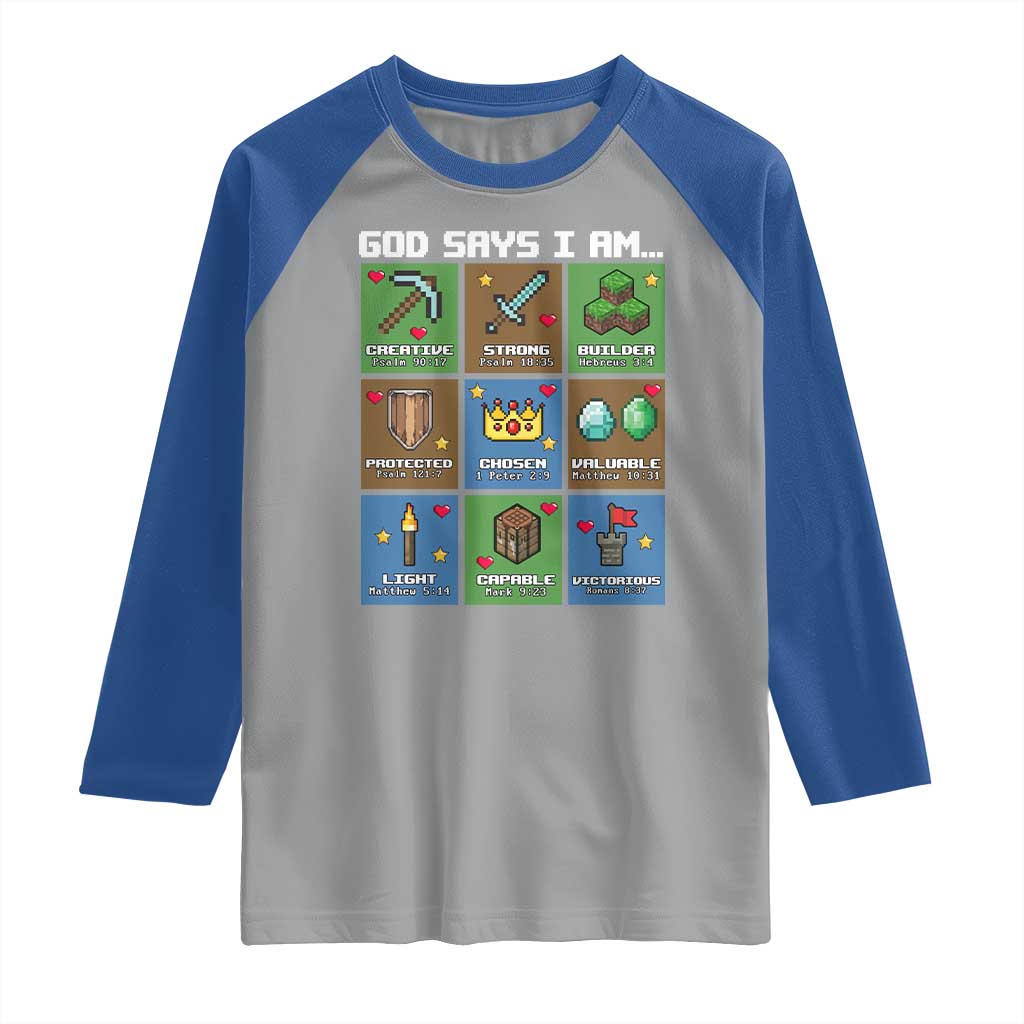 God Says I Am Pixel Art Graphic Raglan Shirt Christian Affirmation Gamer Bible Verses - Wonder Print Shop