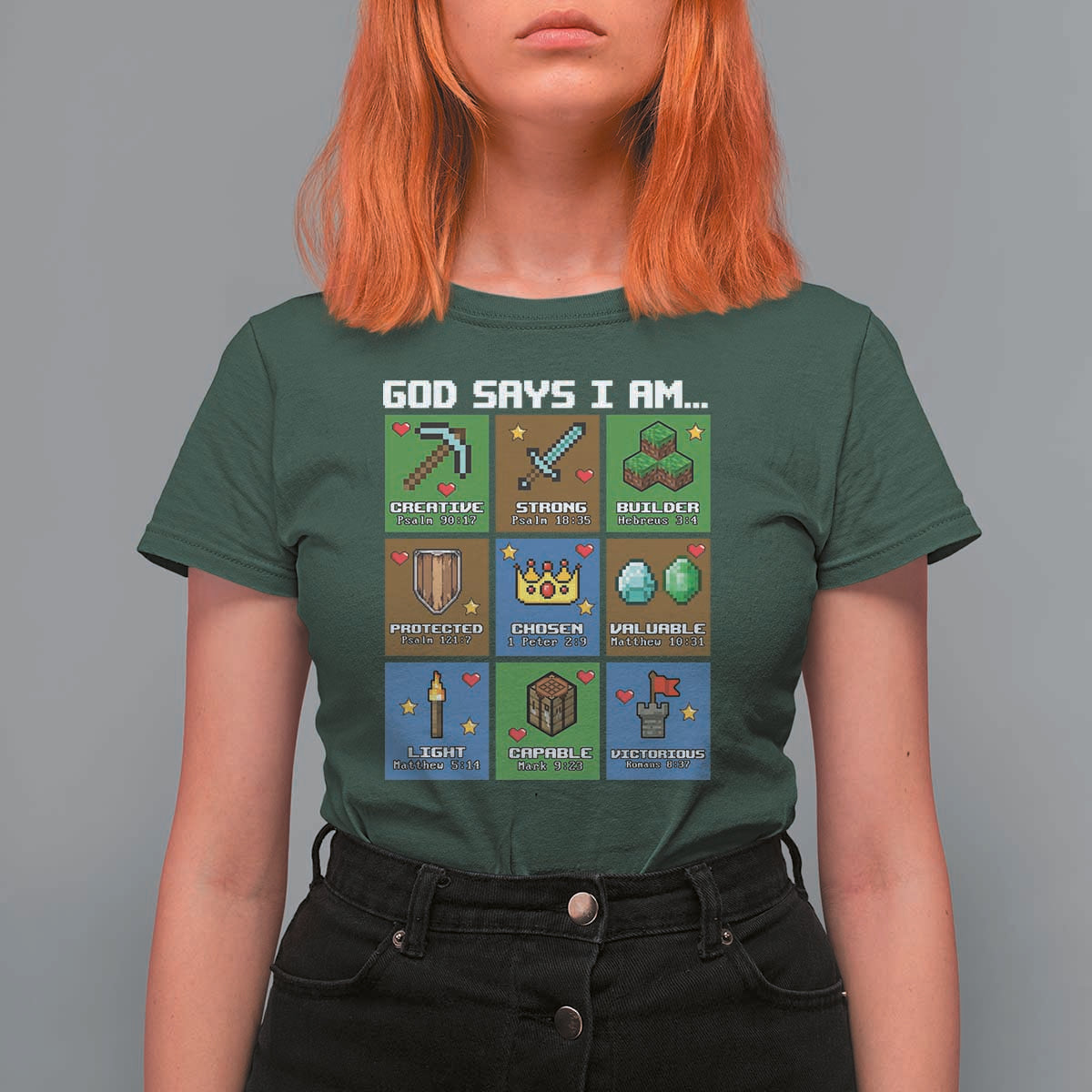 God Says I Am Pixel Art Graphic T Shirt For Women Christian Affirmation Gamer Bible Verses - Wonder Print Shop