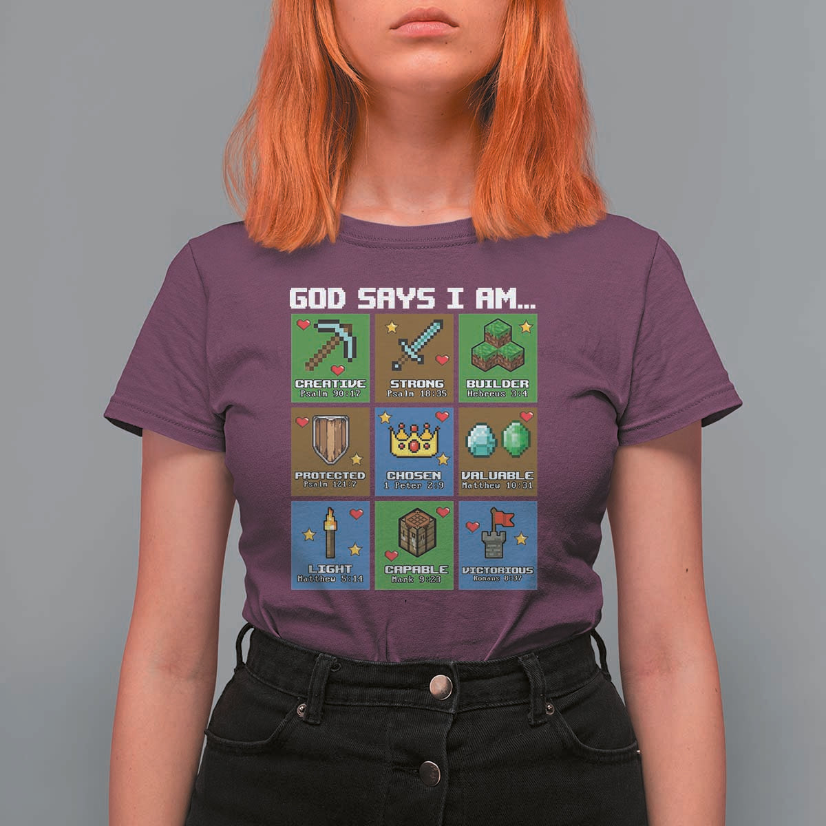 God Says I Am Pixel Art Graphic T Shirt For Women Christian Affirmation Gamer Bible Verses - Wonder Print Shop