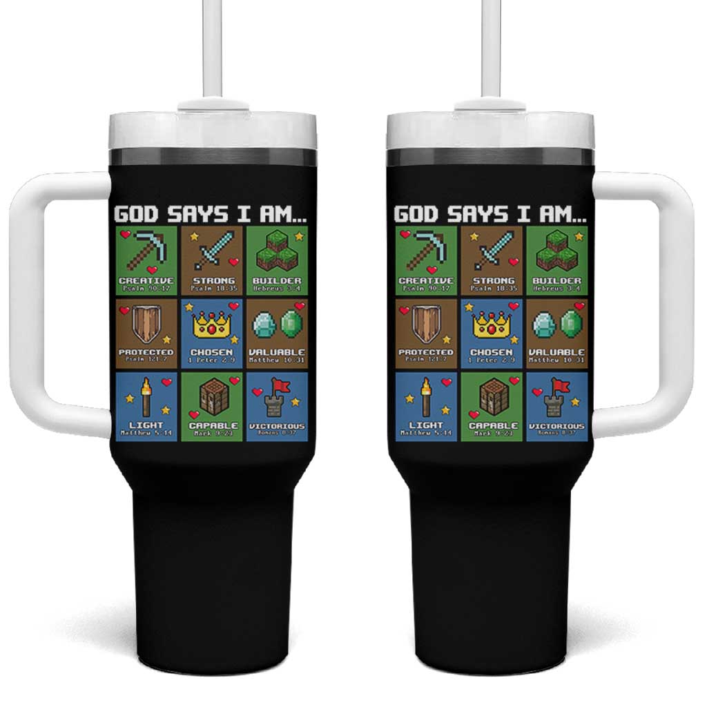 God Says I Am Pixel Art Graphic Tumbler With Handle Christian Affirmation Gamer Bible Verses - Wonder Print Shop