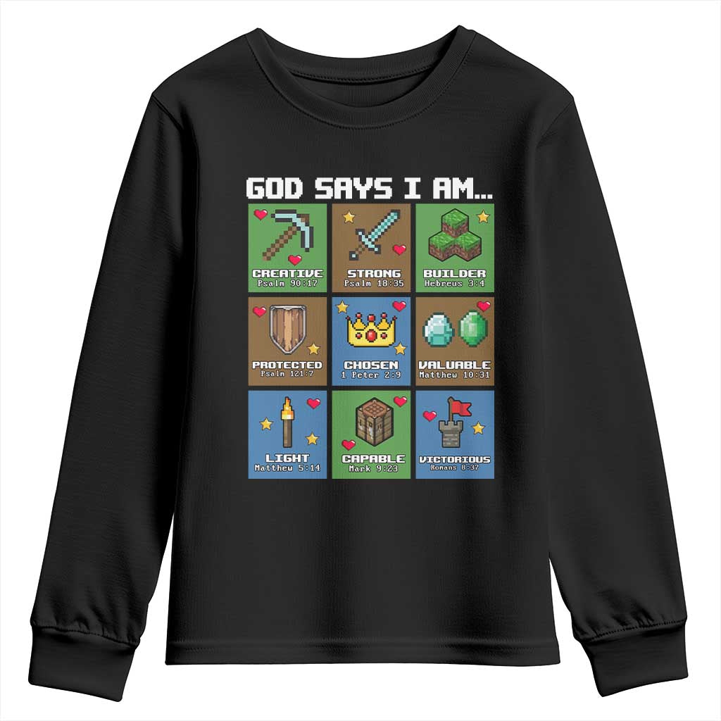 God Says I Am Pixel Art Graphic Youth Sweatshirt Christian Affirmation Gamer Bible Verses - Wonder Print Shop