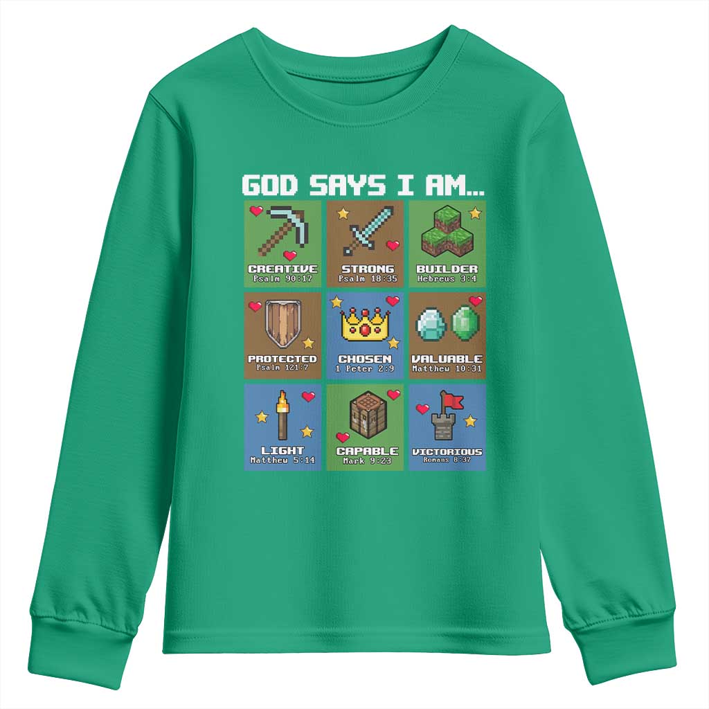 God Says I Am Pixel Art Graphic Youth Sweatshirt Christian Affirmation Gamer Bible Verses - Wonder Print Shop