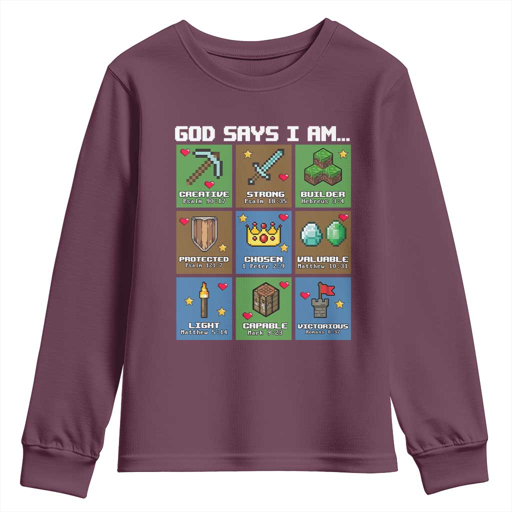 God Says I Am Pixel Art Graphic Youth Sweatshirt Christian Affirmation Gamer Bible Verses - Wonder Print Shop