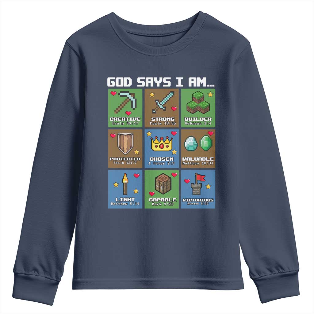 God Says I Am Pixel Art Graphic Youth Sweatshirt Christian Affirmation Gamer Bible Verses - Wonder Print Shop