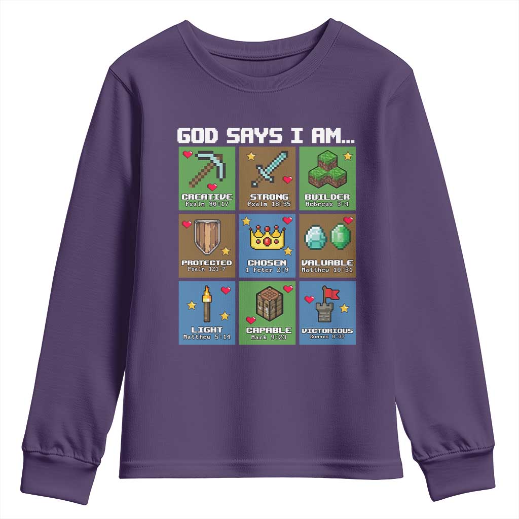 God Says I Am Pixel Art Graphic Youth Sweatshirt Christian Affirmation Gamer Bible Verses - Wonder Print Shop