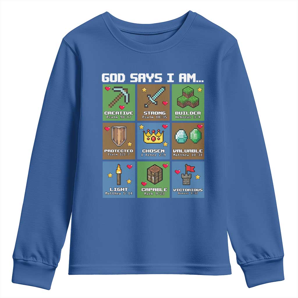 God Says I Am Pixel Art Graphic Youth Sweatshirt Christian Affirmation Gamer Bible Verses - Wonder Print Shop