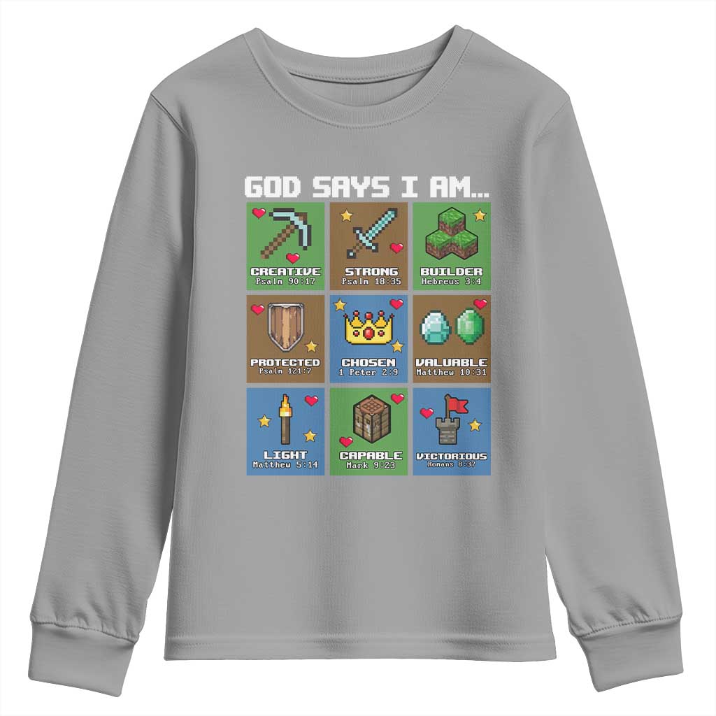 God Says I Am Pixel Art Graphic Youth Sweatshirt Christian Affirmation Gamer Bible Verses - Wonder Print Shop