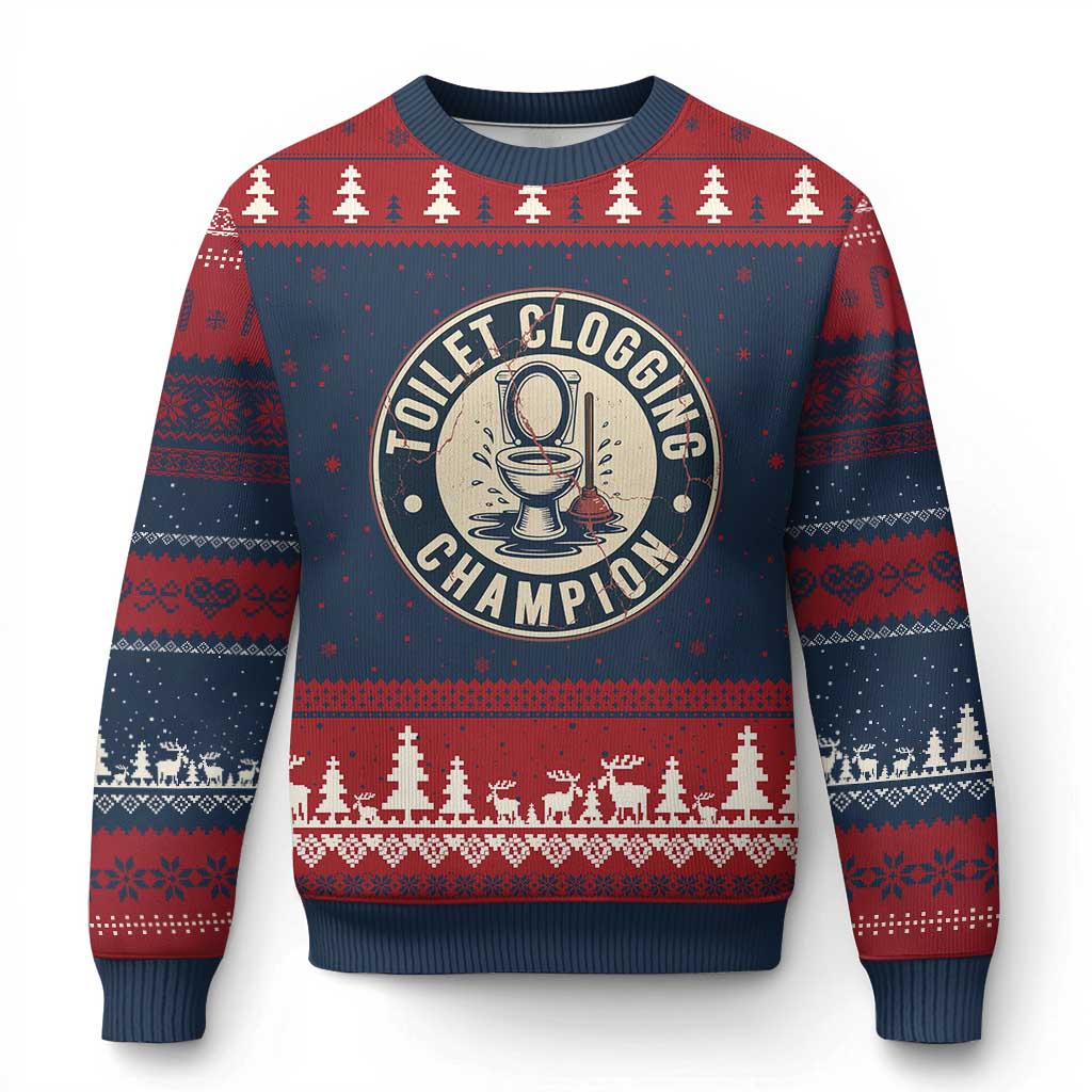 Funny Toilet Clogging Champion Badge Meme Ugly Christmas Sweater for Poop Legends Gut Bomb Gladiators - Wonder Print Shop